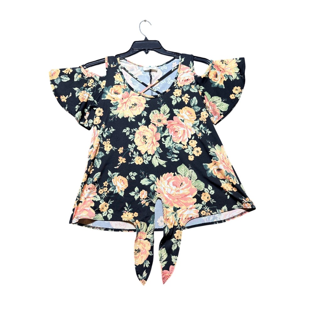 Threads Studio Cold Shoulder Top Women Small Black Floral Excellent Tie Front